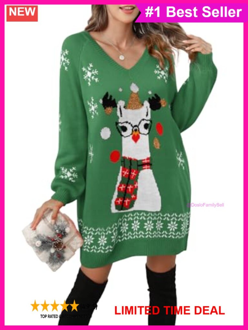 Ugly Christmas V Neck Oversize Sweater Dress Long Sleeve Holiday Knit Mini Dress